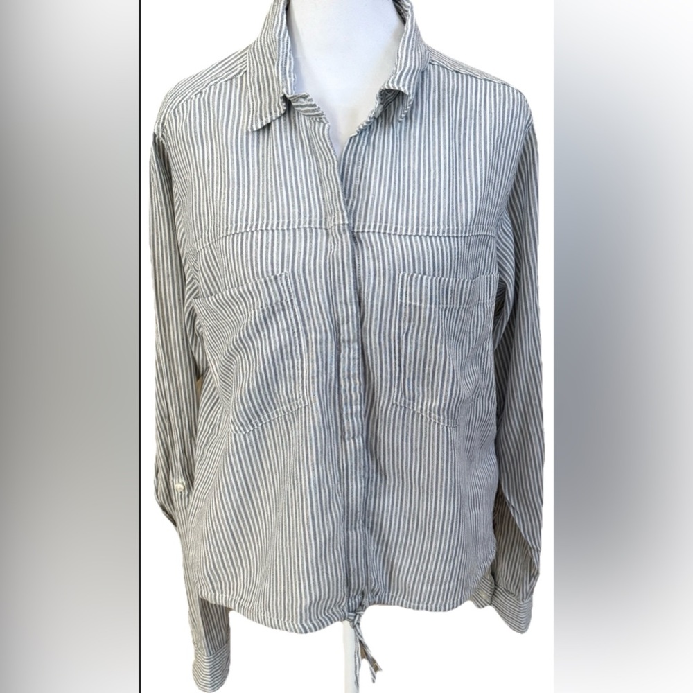 NWT ABERCROMBIE & FITCH Slate Blue Gray + White Striped Long Sleeve Top Blouse M